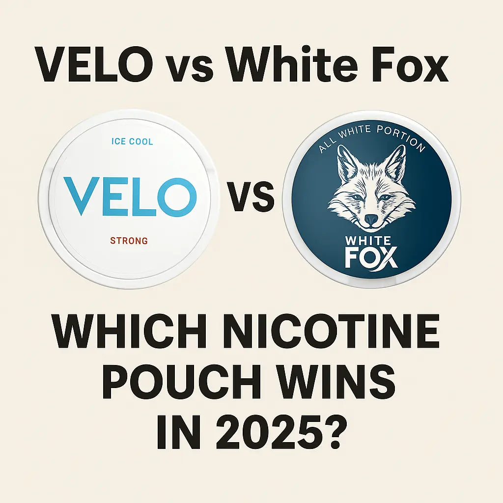 Comparison chart of VELO vs White Fox nicotine pouches in 2025 – strength, format, and flavor overview.