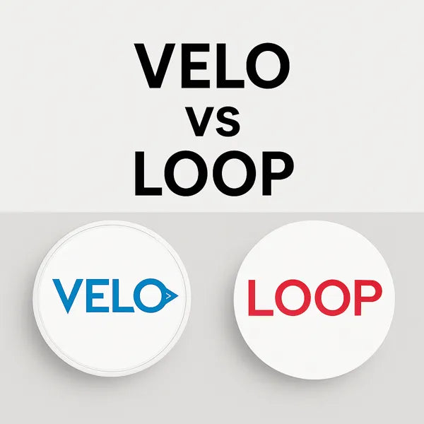Velo vs loop nicotine pouches white background black red and blue text
