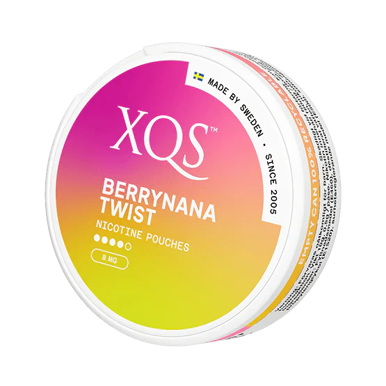 Buy XQS Berrynana Twist nicotine pouch – fruity blend of berry and banana, tobacco-free slim pouch made in Sweden