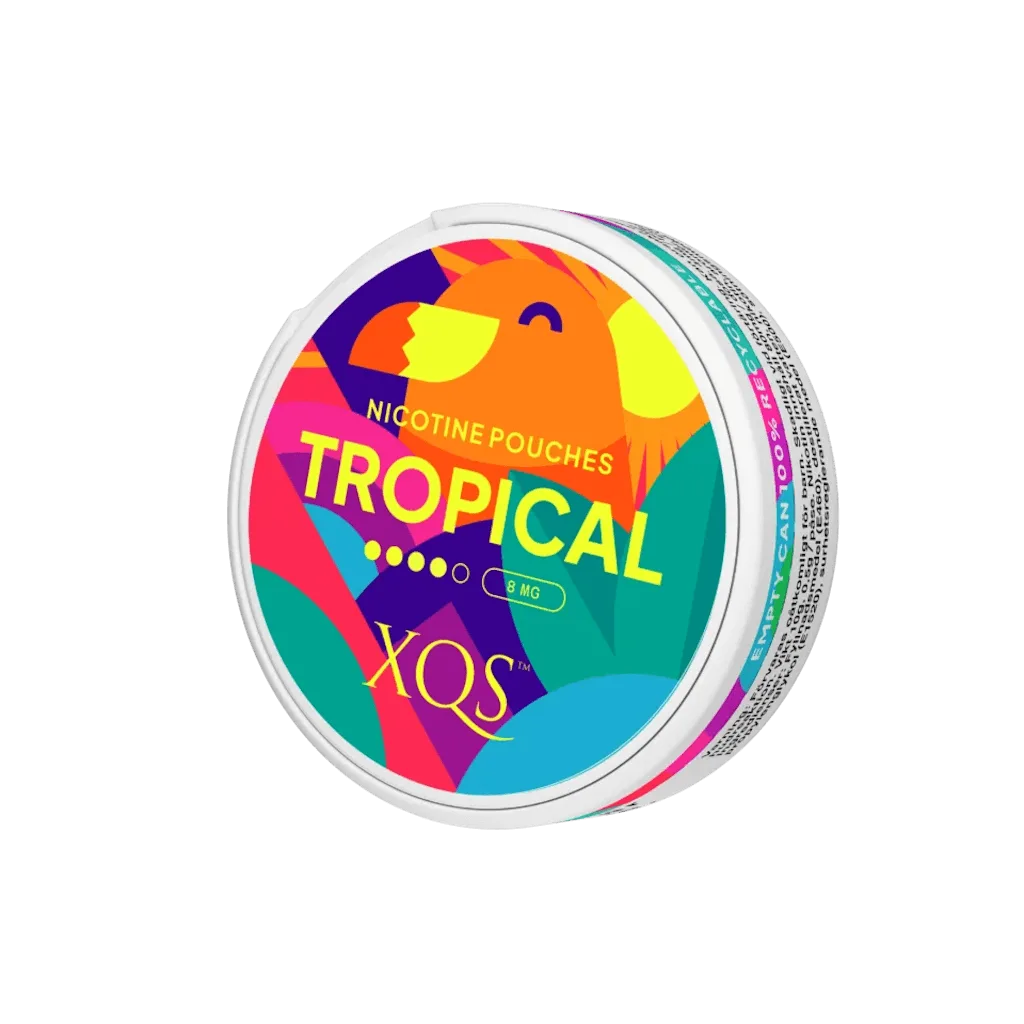 Tobacco-free fruity nicotine pouches with peach, mango, and tropical flavors.