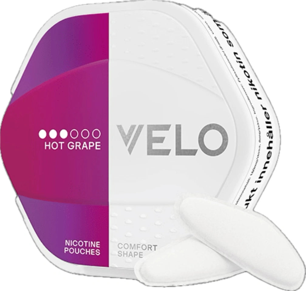 VELO shift hot grape 8mg. White and purple can. On white background