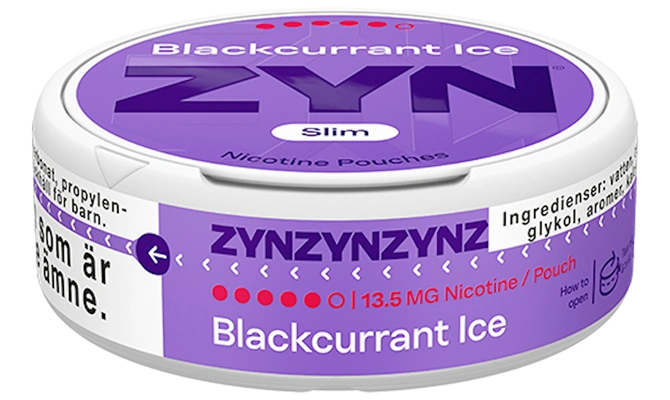 ZYN Blackcurrant Ice 13.5mg slim nicotine pouch, berry and mint flavor