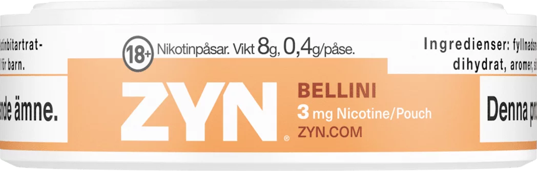 ZYN Mini Bellini 3mg nicotine pouch – side view, tobacco-free with fruity peach flavor