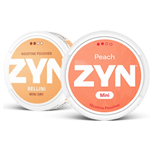 ZYN Bellini Mini Dry and ZYN Peach Mini 3mg cans side by side, showing name and design update