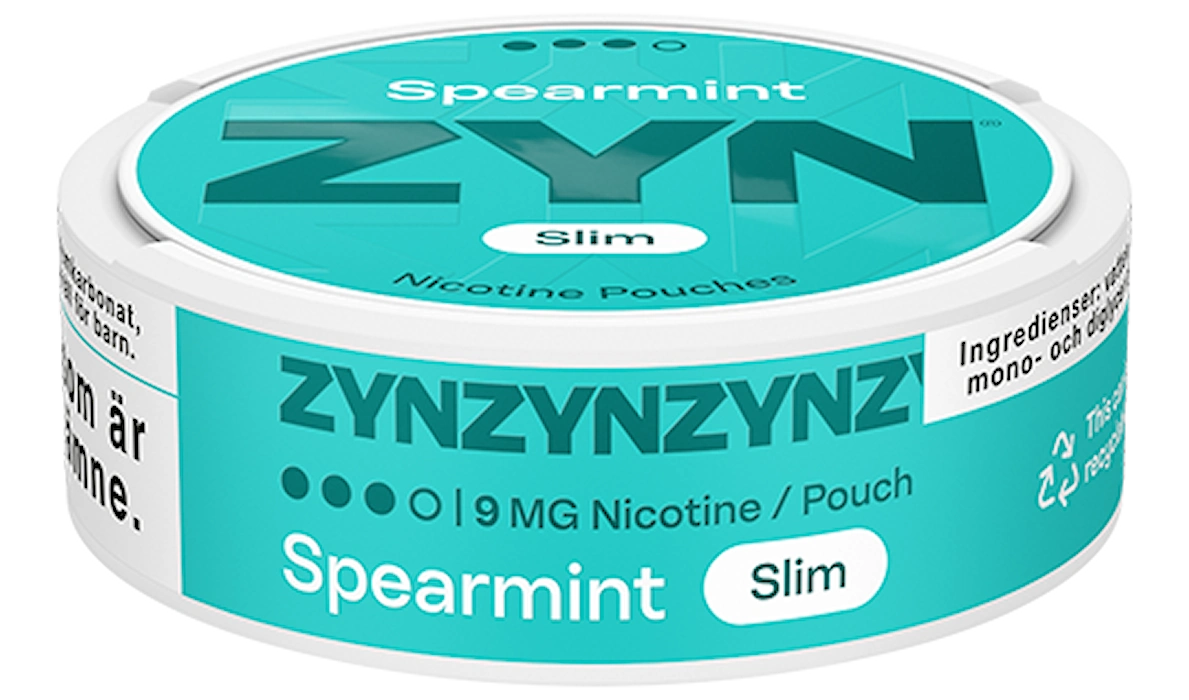 ZYN Spearmint Slim Strong 9mg nicotine pouch, dry slim format, spearmint menthol flavor.