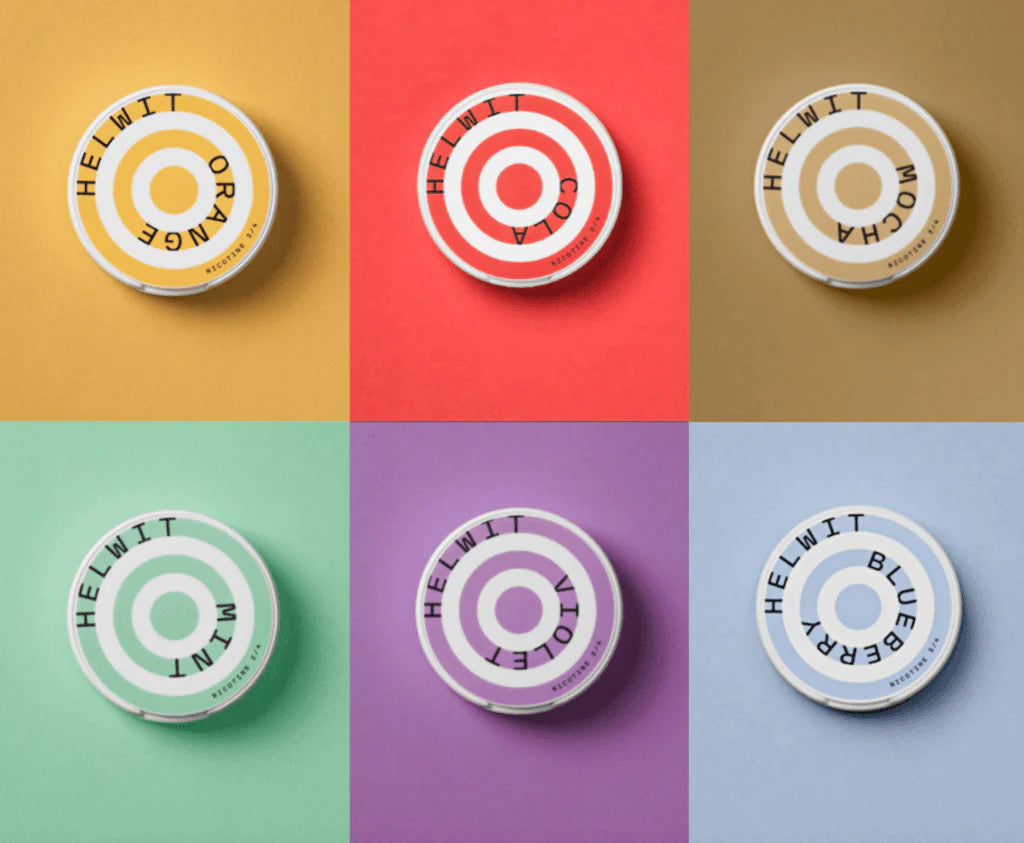 Helwit displays cans with tastes of orange, cola, mocha, mint, violet and blueberry with different background color.