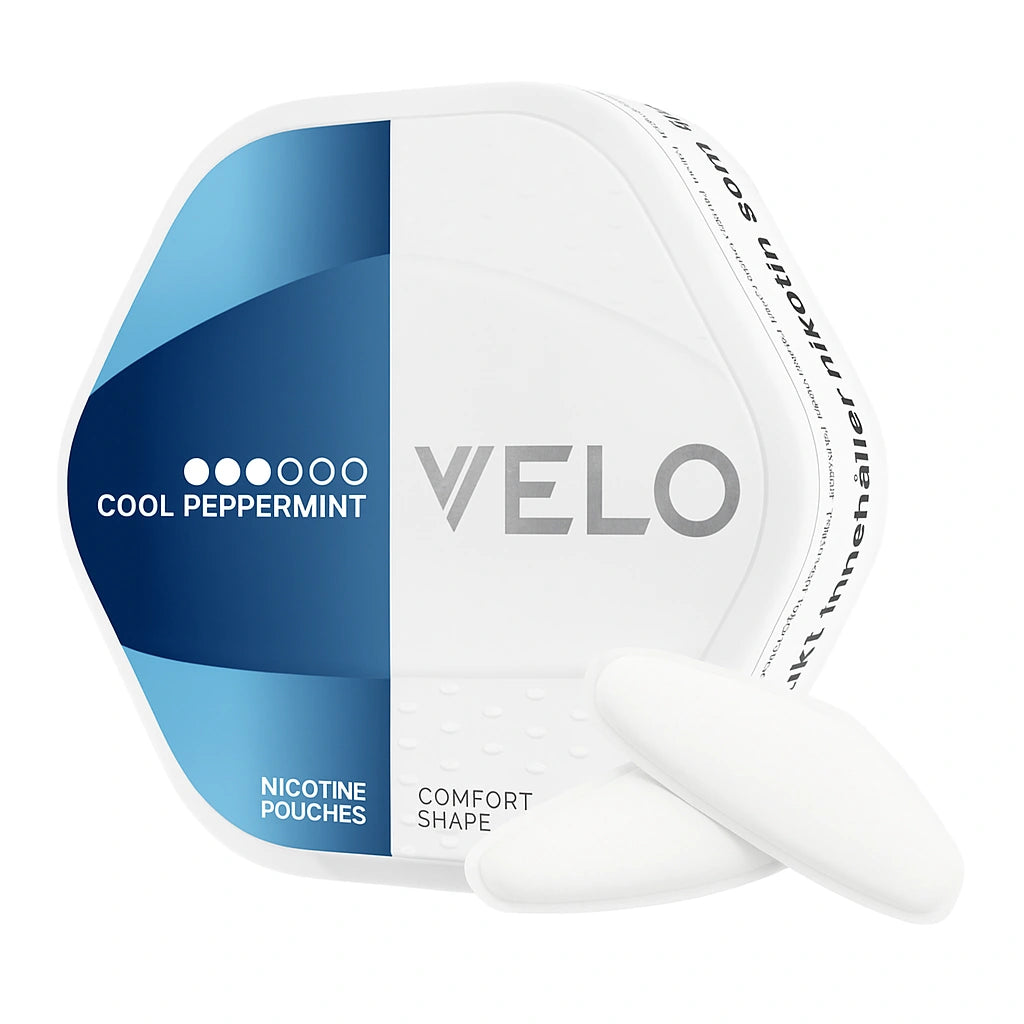 Picture of VELO SHIFT cool peppermint 8mg nicotine pouches blue and white can with white background 
