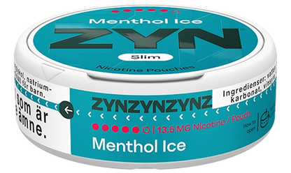 ZYN Menthol Ice Slim Super Strong 13.5mg can with cool blue label