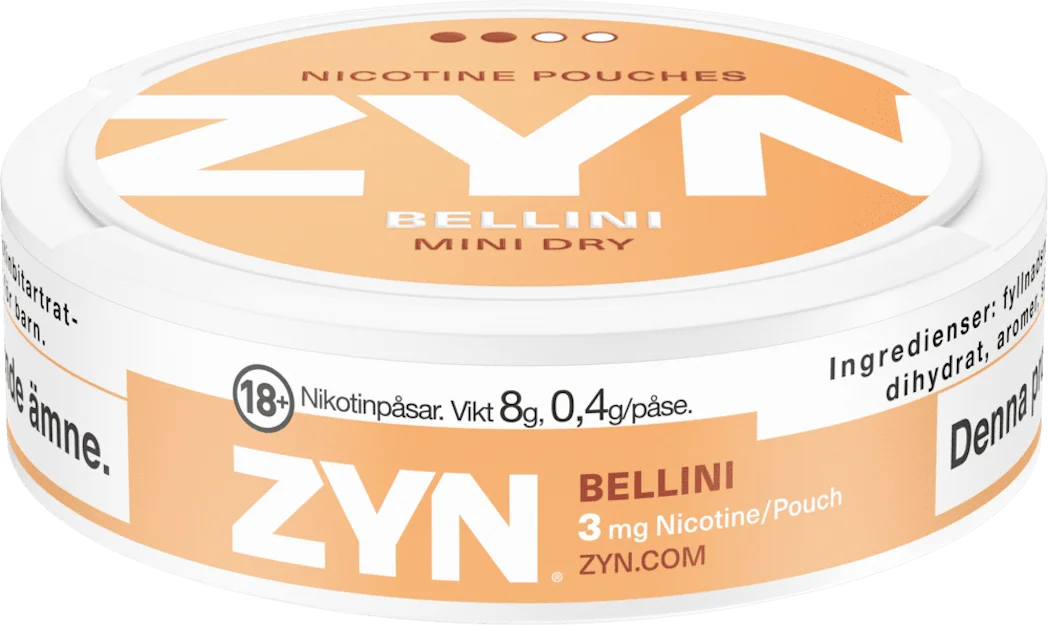 ZYN Mini Bellini 3mg nicotine pouch – flat lay, peach-flavored and tobacco-free