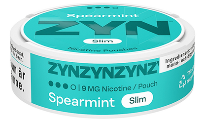 ZYN Spearmint Slim Strong 9mg nicotine pouch, dry slim format, spearmint menthol flavor.