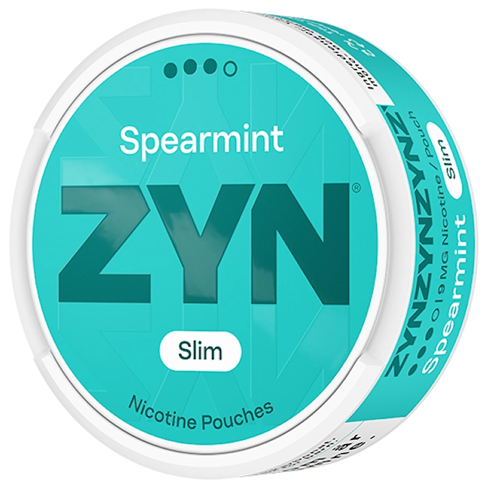 ZYN Spearmint Slim Strong 9mg nicotine pouch, dry slim format, spearmint menthol flavor